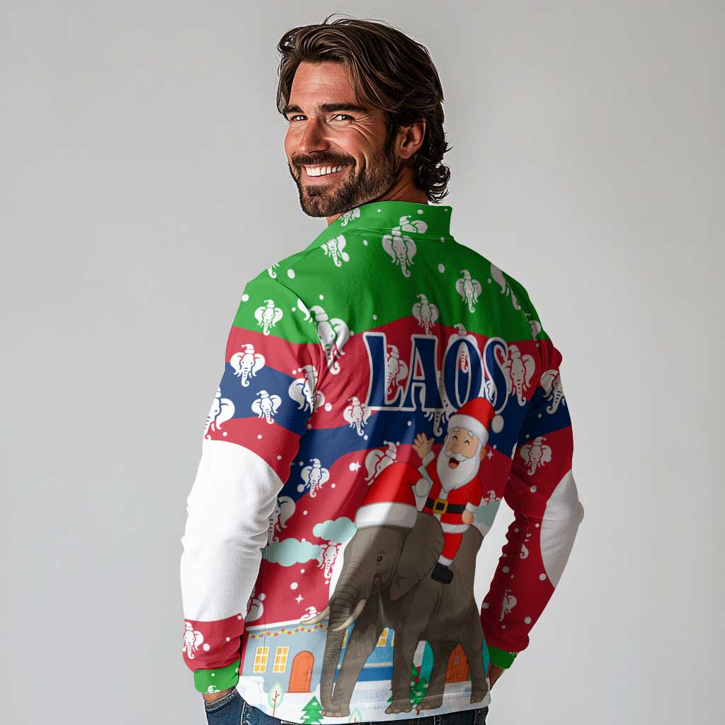 Laos Christmas Long Sleeve Polo Shirt with Santa Riding Elephant and Festive Flag Pattern - Wonder Print Shop