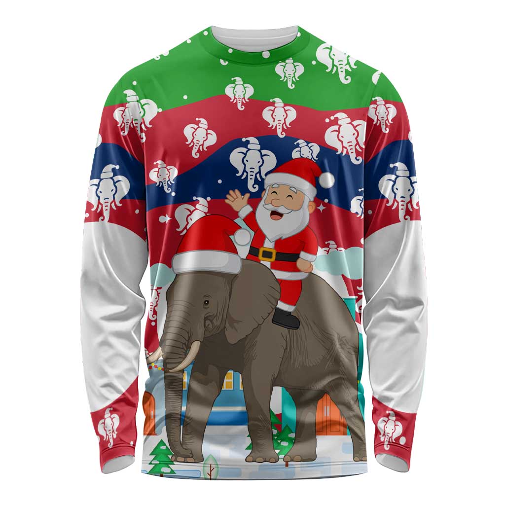 Laos Christmas Long Sleeve Shirt with Santa Riding Elephant and Festive Flag Pattern - Wonder Print Shop