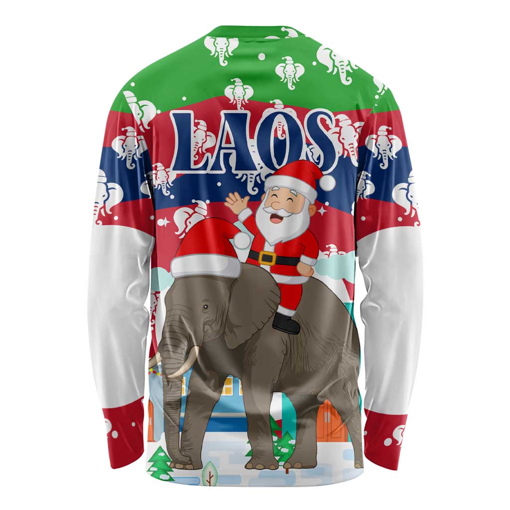 Laos Christmas Long Sleeve Shirt with Santa Riding Elephant and Festive Flag Pattern - Wonder Print Shop