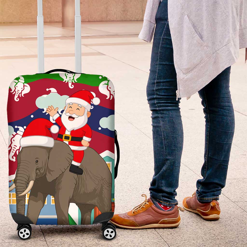 Laos Christmas Luggage Cover with Santa Riding Elephant and Festive Flag Pattern - Wonder Print Shop