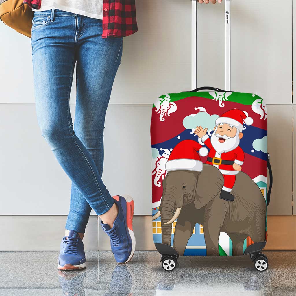Laos Christmas Luggage Cover with Santa Riding Elephant and Festive Flag Pattern - Wonder Print Shop