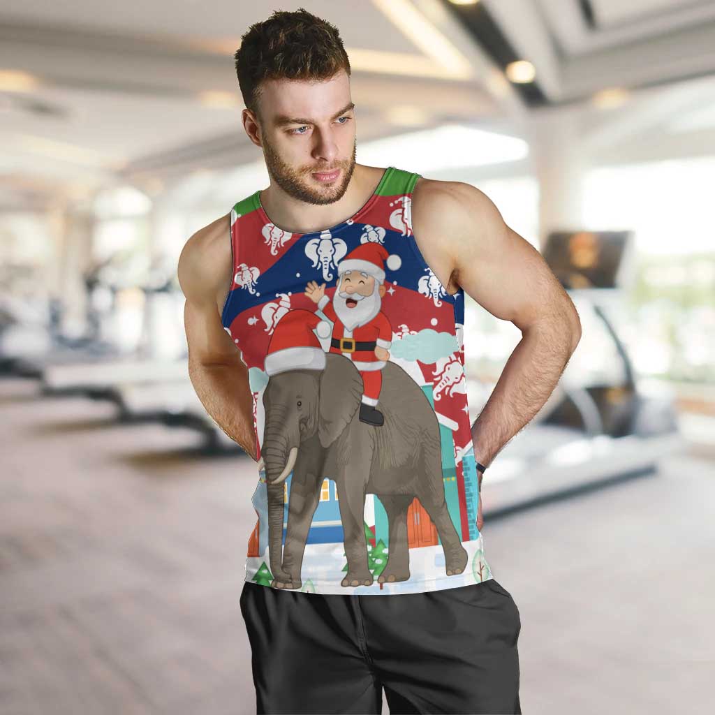 Laos Christmas Men Tank Top with Santa Riding Elephant and Festive Flag Pattern - Wonder Print Shop