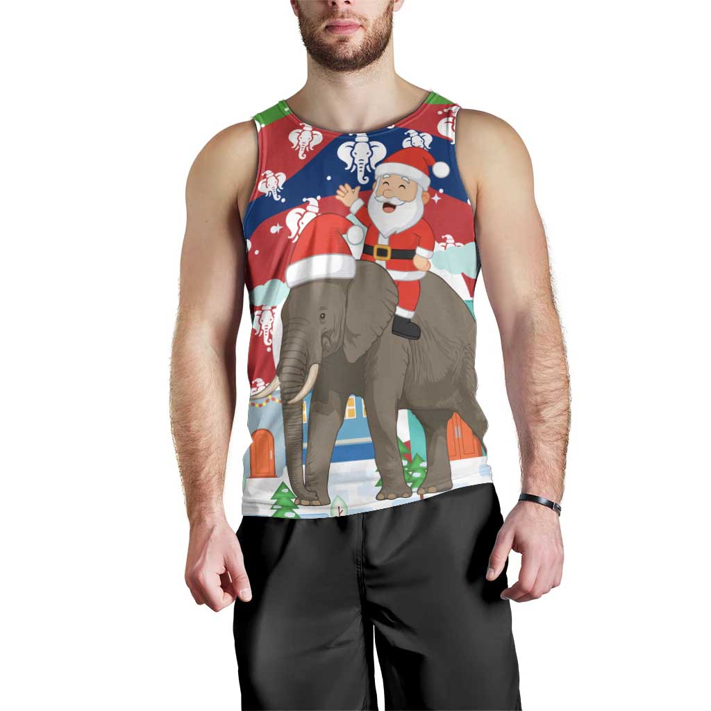 Laos Christmas Men Tank Top with Santa Riding Elephant and Festive Flag Pattern - Wonder Print Shop
