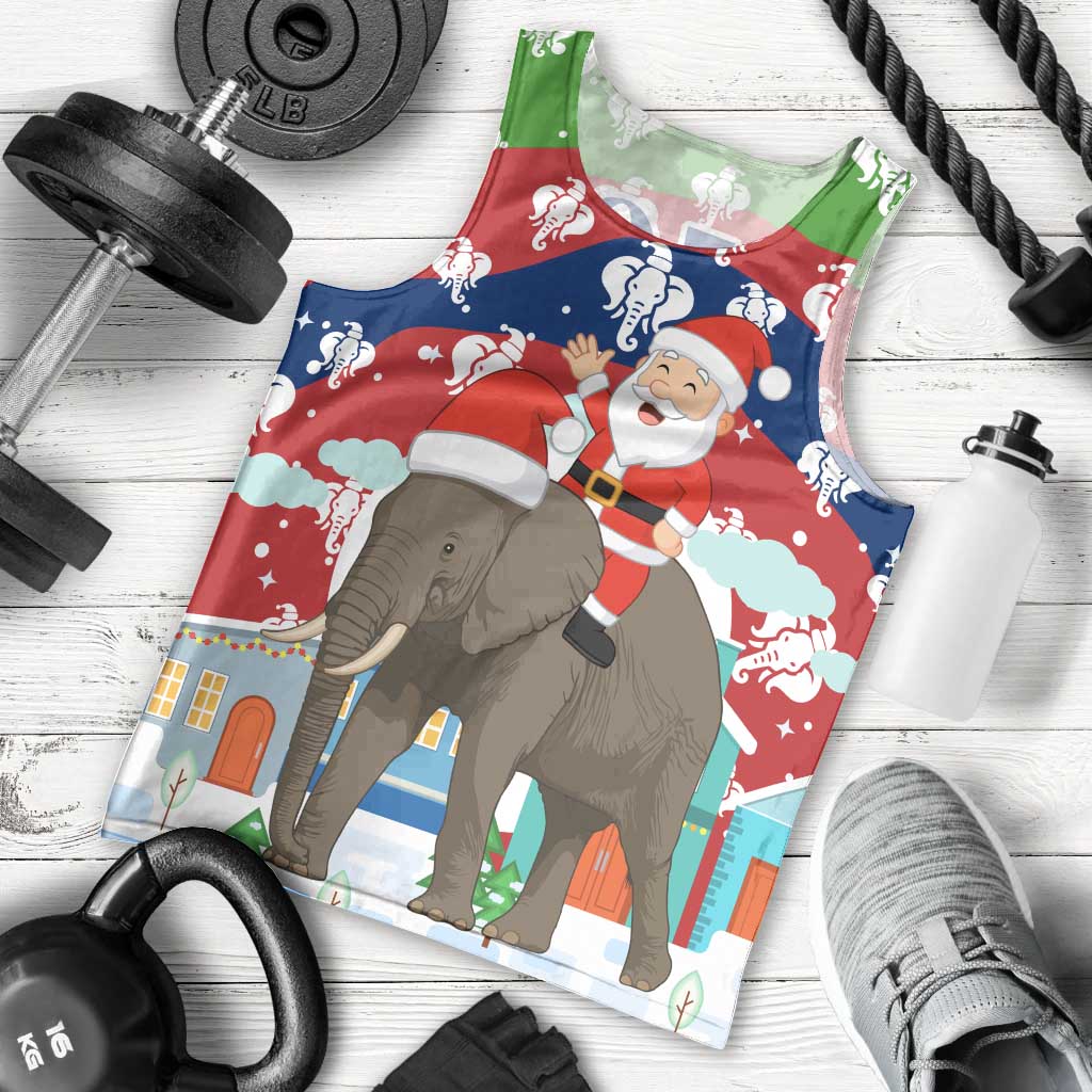 Laos Christmas Men Tank Top with Santa Riding Elephant and Festive Flag Pattern - Wonder Print Shop
