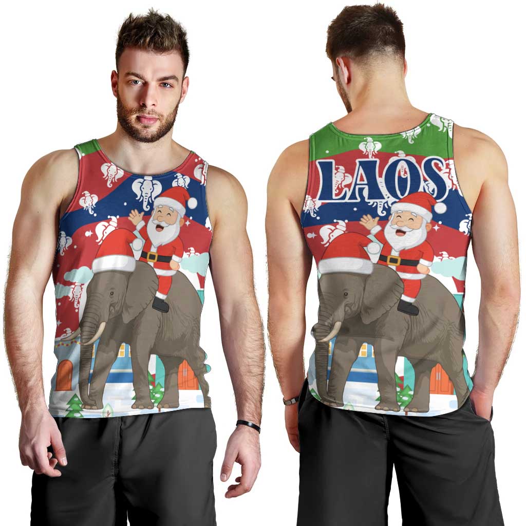 Laos Christmas Men Tank Top with Santa Riding Elephant and Festive Flag Pattern - Wonder Print Shop