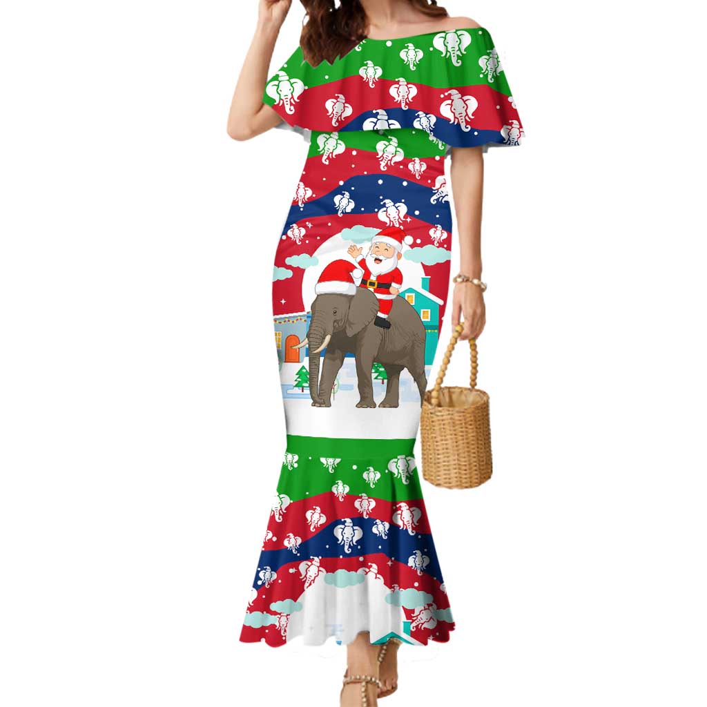 Laos Christmas Mermaid Dress with Santa Riding Elephant and Festive Flag Pattern - Wonder Print Shop