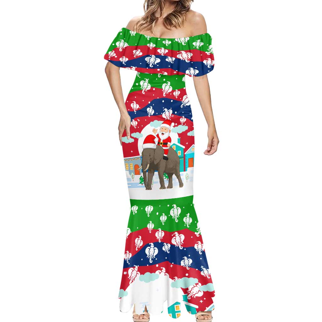 Laos Christmas Mermaid Dress with Santa Riding Elephant and Festive Flag Pattern - Wonder Print Shop