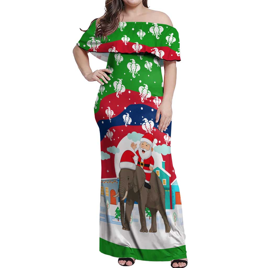 Laos Christmas Off Shoulder Maxi Dress with Santa Riding Elephant and Festive Flag Pattern - undefined