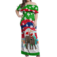 Laos Christmas Off Shoulder Maxi Dress with Santa Riding Elephant and Festive Flag Pattern - undefined
