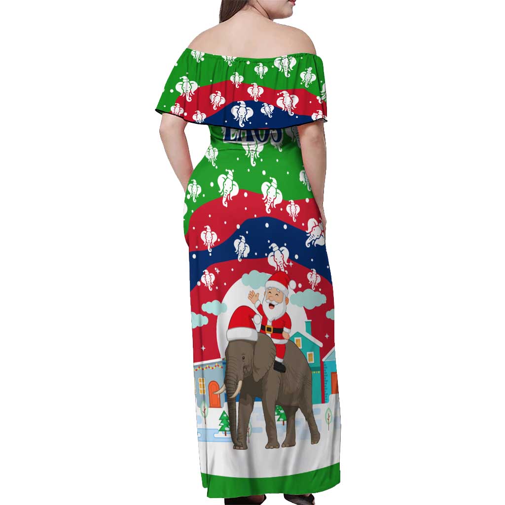 Laos Christmas Off Shoulder Maxi Dress with Santa Riding Elephant and Festive Flag Pattern - undefined