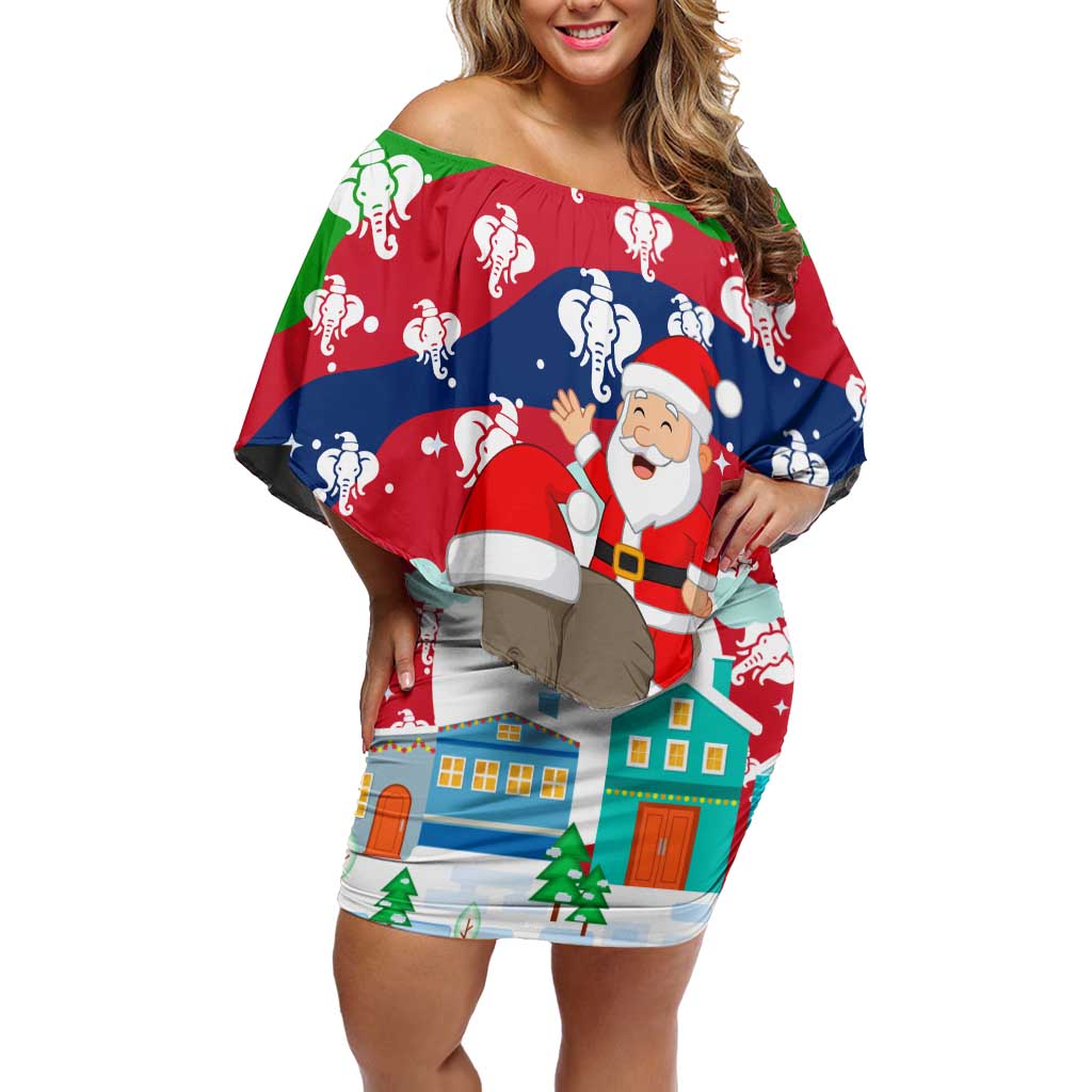 Laos Christmas Off Shoulder Short Dress with Santa Riding Elephant and Festive Flag Pattern - Wonder Print Shop