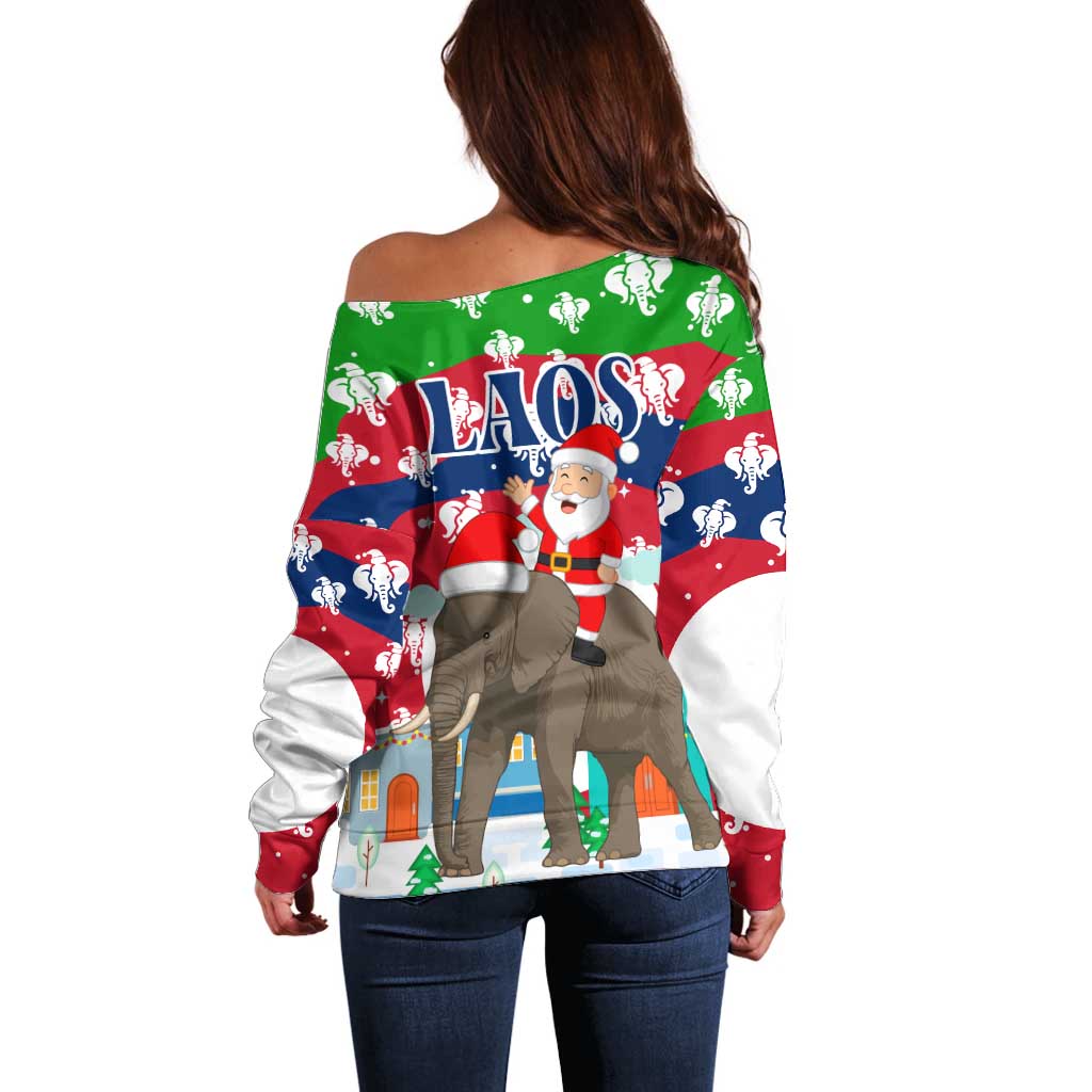 Laos Christmas Off Shoulder Sweater with Santa Riding Elephant and Festive Flag Pattern - Wonder Print Shop