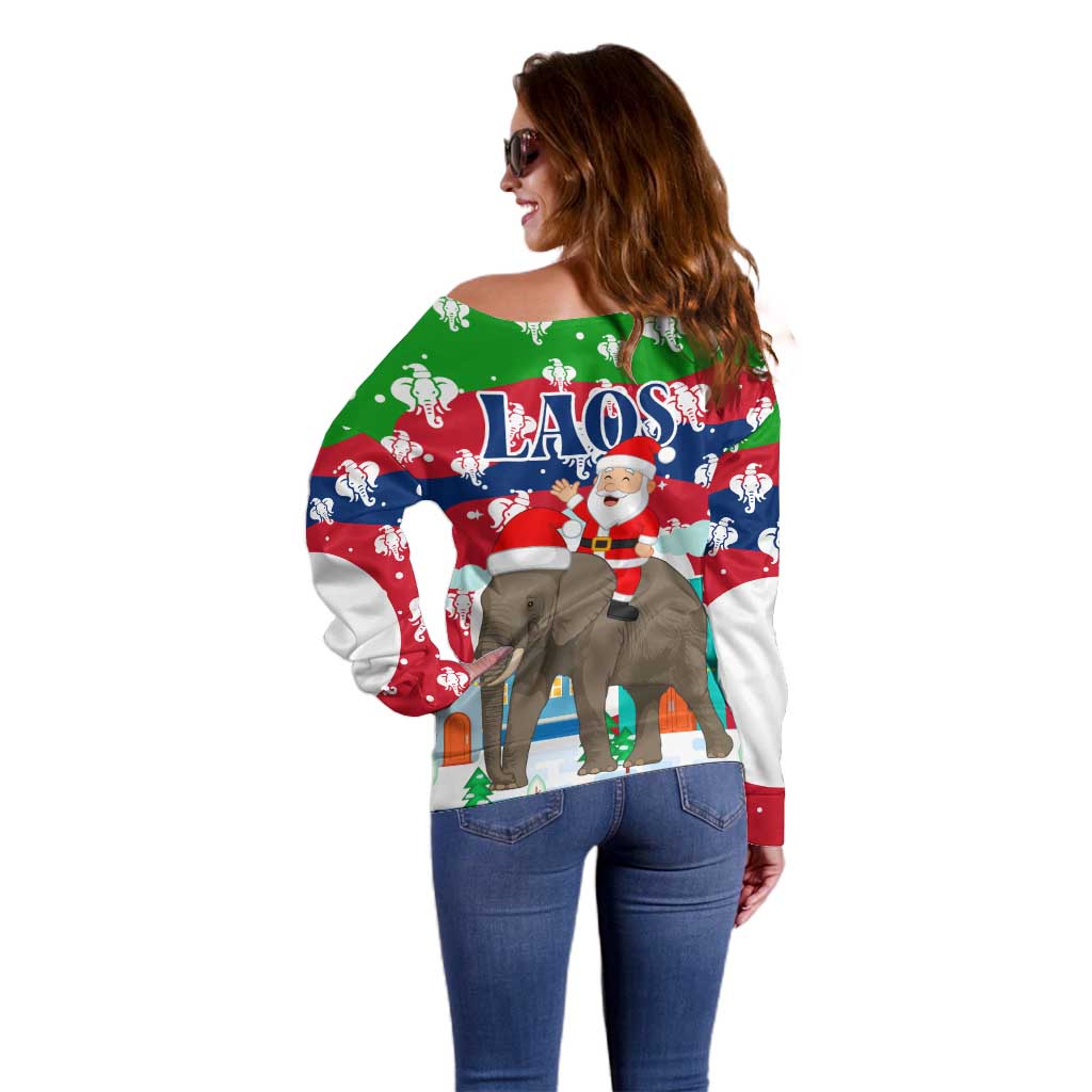 Laos Christmas Off Shoulder Sweater with Santa Riding Elephant and Festive Flag Pattern - Wonder Print Shop