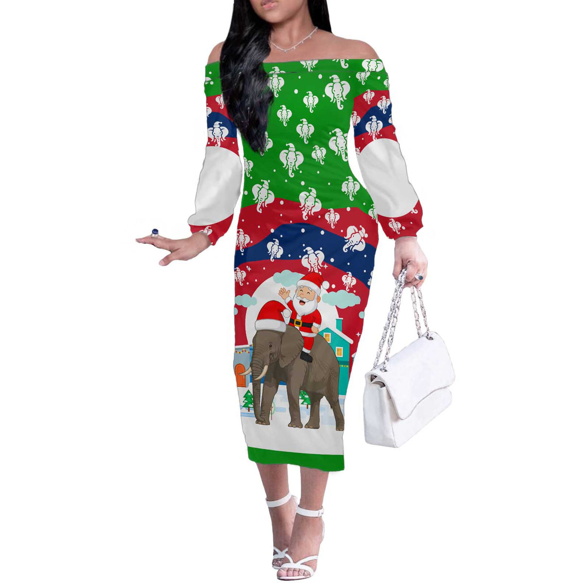 Laos Christmas Off The Shoulder Long Sleeve Dress with Santa Riding Elephant and Festive Flag Pattern - Wonder Print Shop