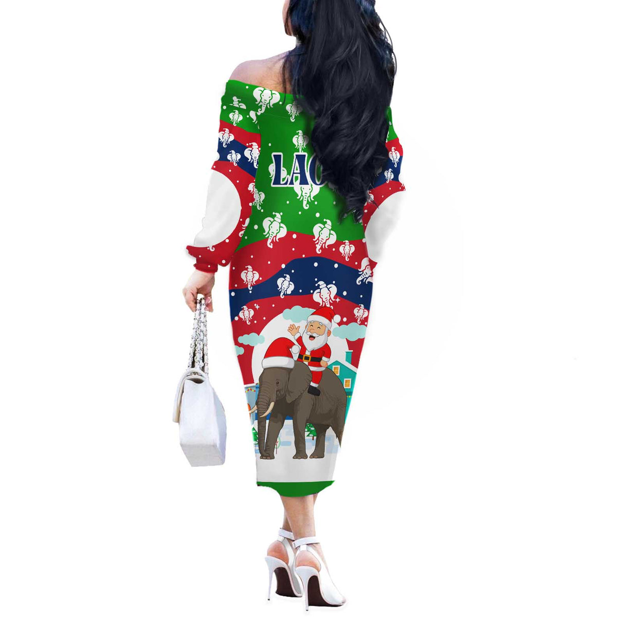 Laos Christmas Off The Shoulder Long Sleeve Dress with Santa Riding Elephant and Festive Flag Pattern - Wonder Print Shop