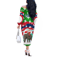 Laos Christmas Off The Shoulder Long Sleeve Dress with Santa Riding Elephant and Festive Flag Pattern - Wonder Print Shop