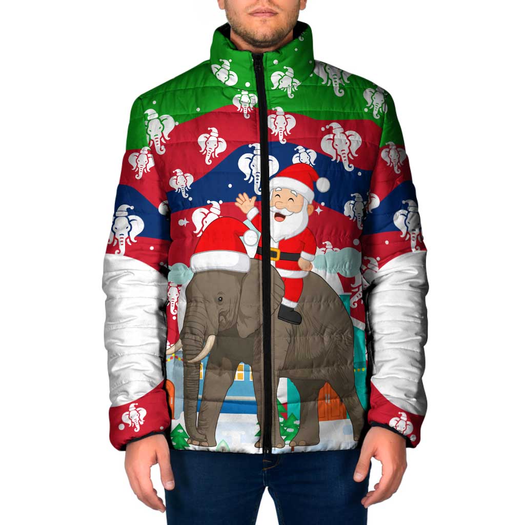 Laos Christmas Padded Jacket with Santa Riding Elephant and Festive Flag Pattern - Wonder Print Shop