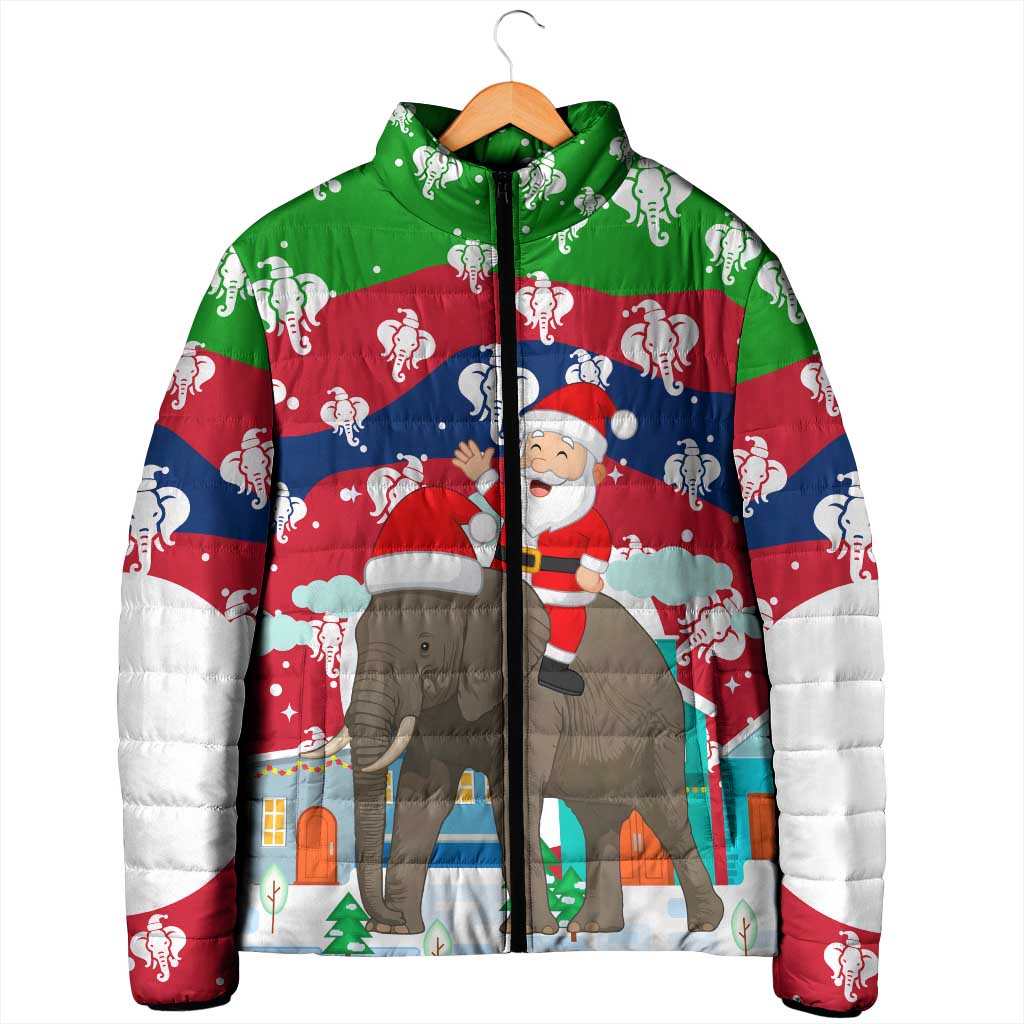 Laos Christmas Padded Jacket with Santa Riding Elephant and Festive Flag Pattern - Wonder Print Shop