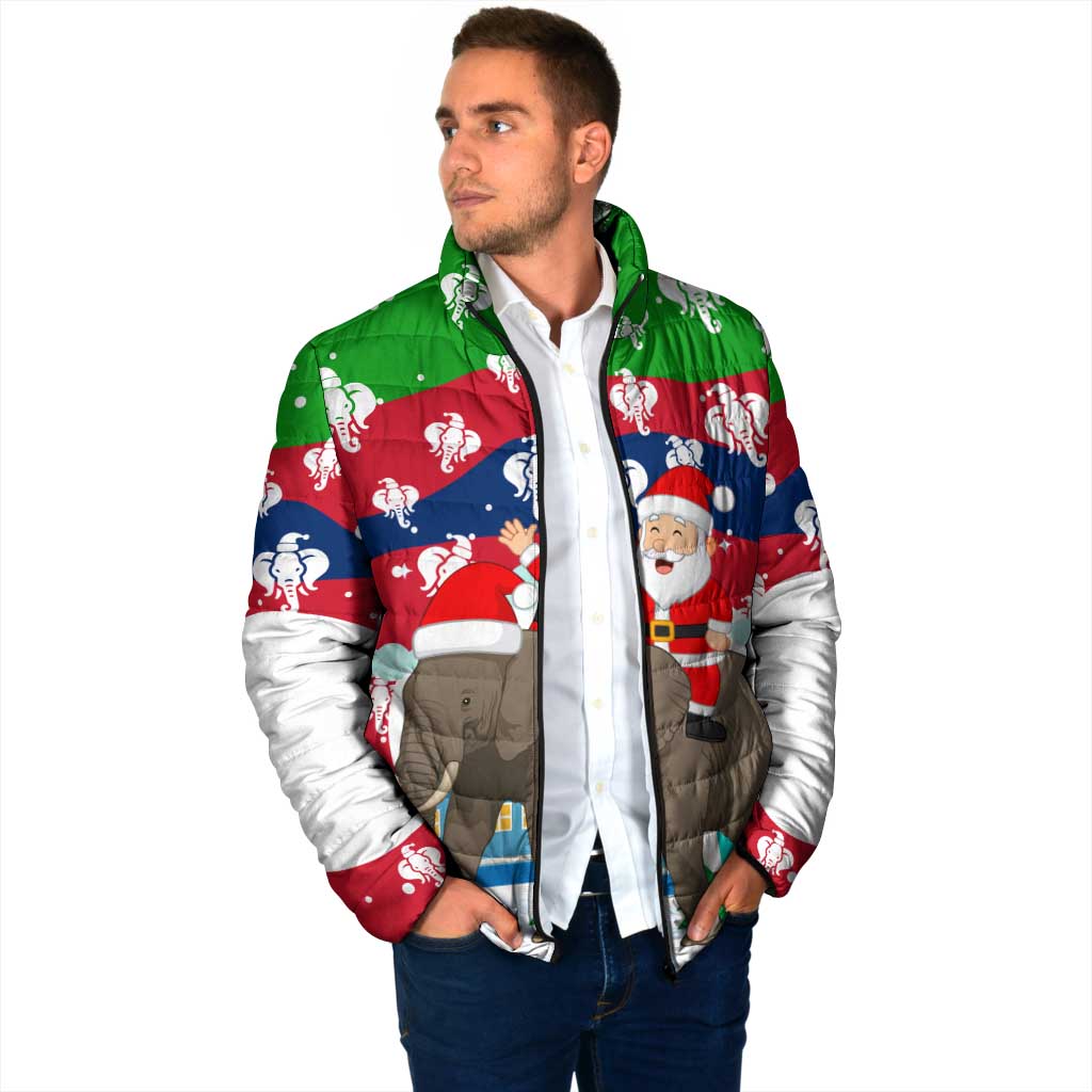 Laos Christmas Padded Jacket with Santa Riding Elephant and Festive Flag Pattern - Wonder Print Shop