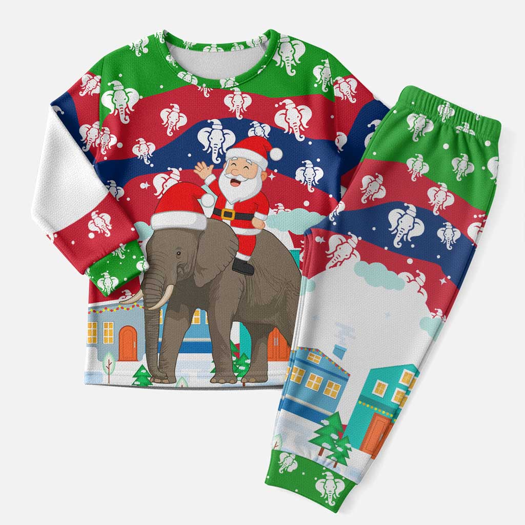 Laos Christmas Pajama Set with Santa Riding Elephant and Festive Flag Pattern - Wonder Print Shop