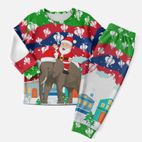 Laos Christmas Pajama Set with Santa Riding Elephant and Festive Flag Pattern - Wonder Print Shop