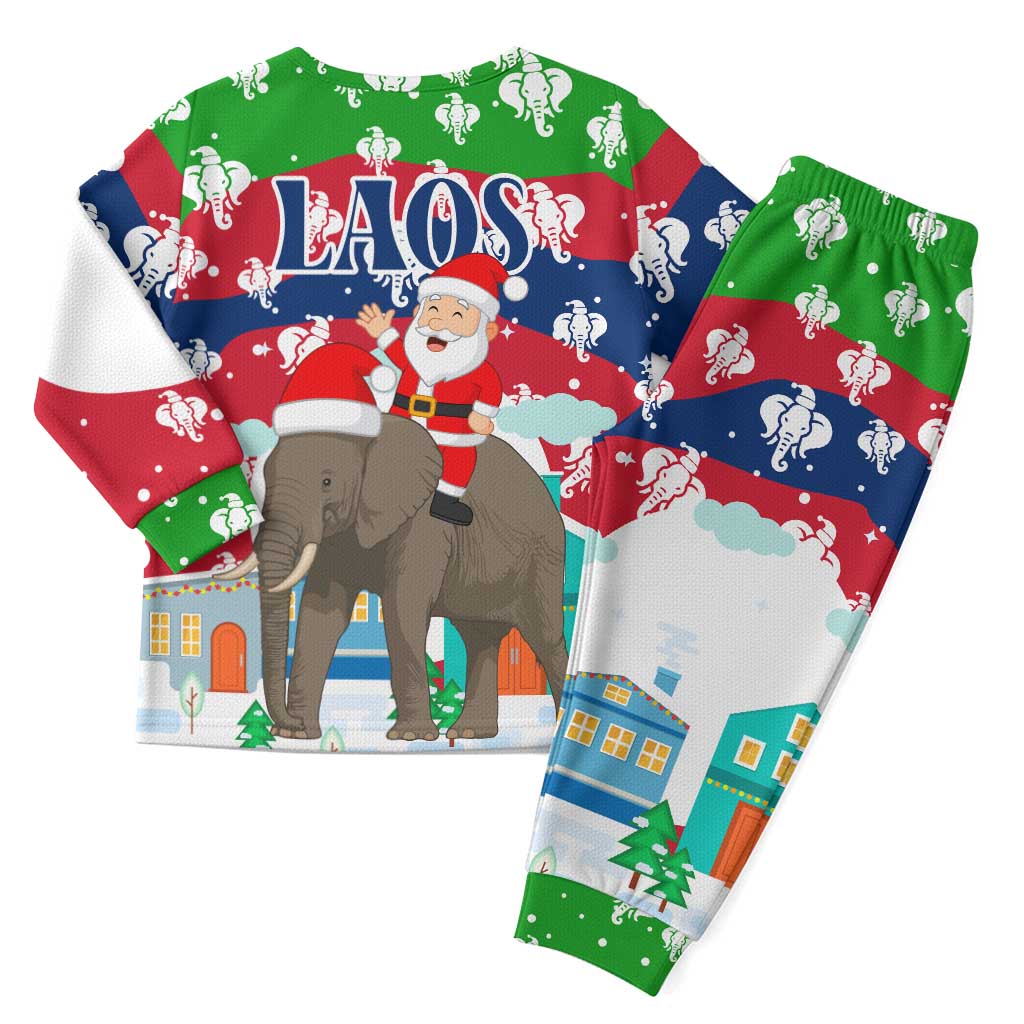 Laos Christmas Pajama Set with Santa Riding Elephant and Festive Flag Pattern - Wonder Print Shop