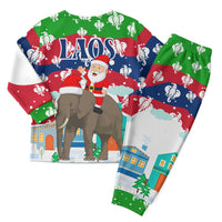 Laos Christmas Pajama Set with Santa Riding Elephant and Festive Flag Pattern - Wonder Print Shop