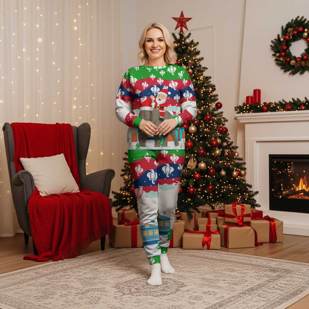 Laos Christmas Pajama Set with Santa Riding Elephant and Festive Flag Pattern - Wonder Print Shop