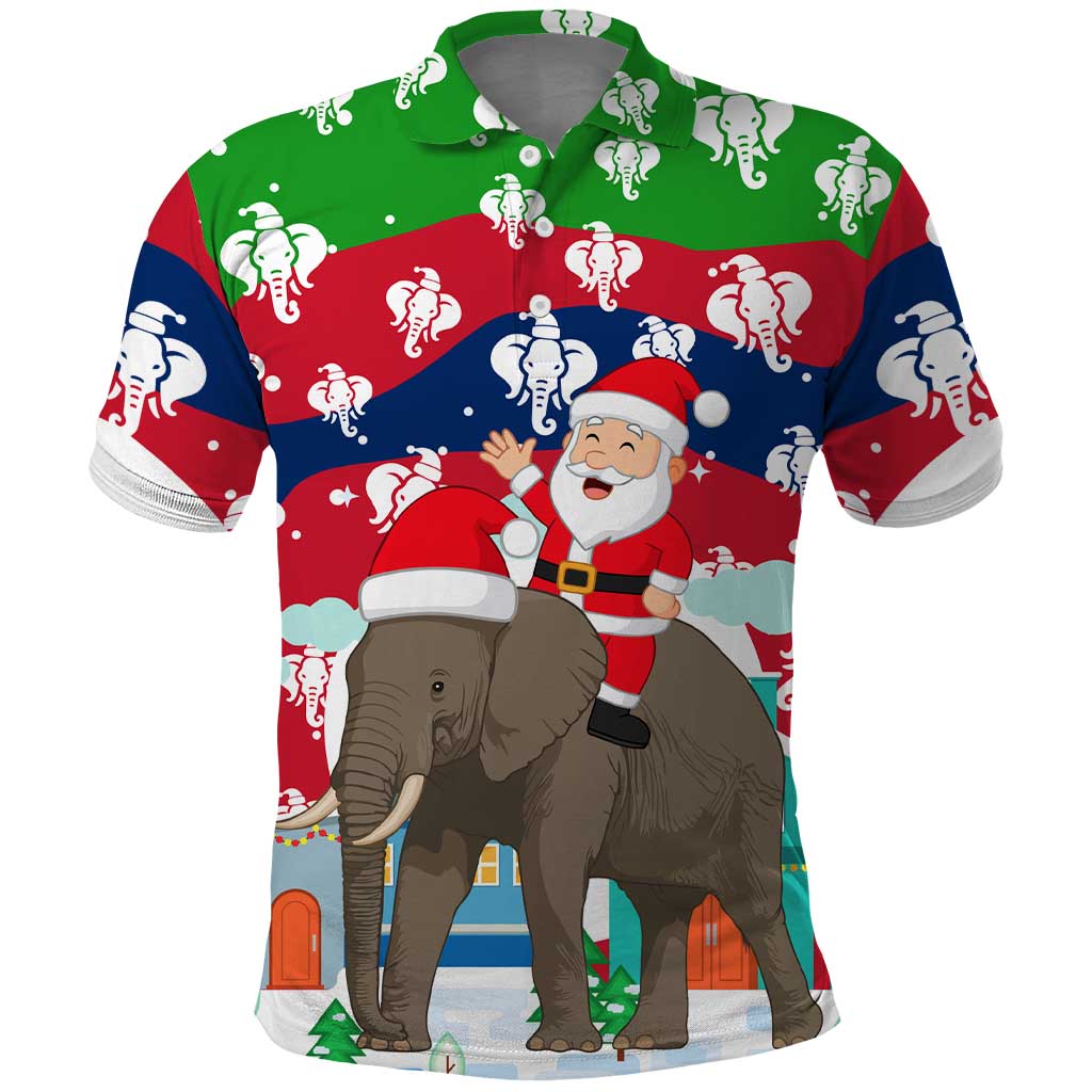 Laos Christmas Polo Shirt with Santa Riding Elephant and Festive Flag Pattern - Wonder Print Shop