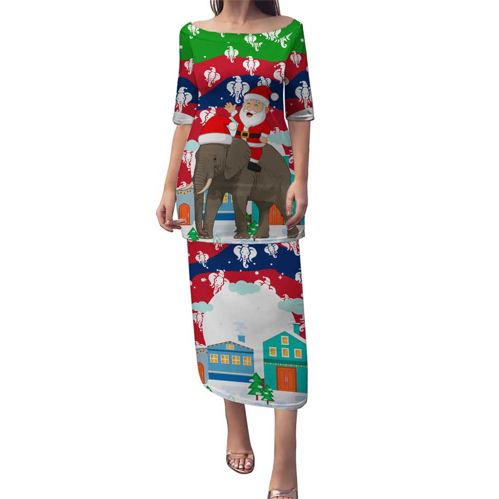 Laos Christmas Puletasi with Santa Riding Elephant and Festive Flag Pattern - Wonder Print Shop