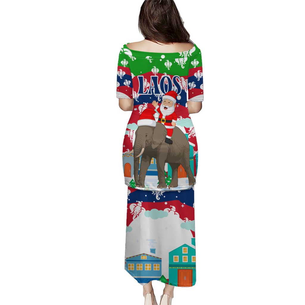 Laos Christmas Puletasi with Santa Riding Elephant and Festive Flag Pattern - Wonder Print Shop