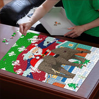 Laos Christmas Puzzle with Santa Riding Elephant and Festive Flag Pattern - Wonder Print Shop