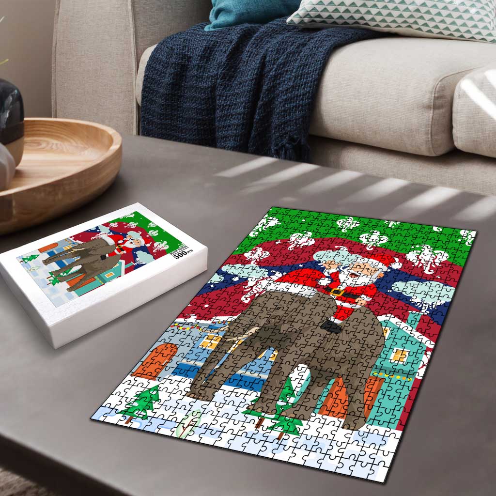 Laos Christmas Puzzle with Santa Riding Elephant and Festive Flag Pattern - Wonder Print Shop