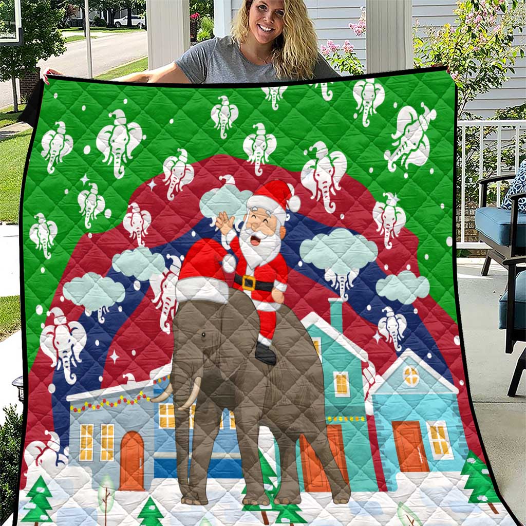 Laos Christmas Quilt with Santa Riding Elephant and Festive Flag Pattern - Wonder Print Shop