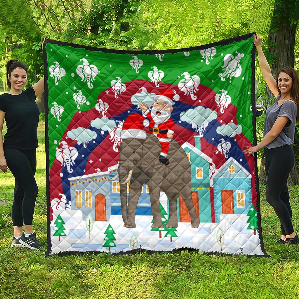 Laos Christmas Quilt with Santa Riding Elephant and Festive Flag Pattern - Wonder Print Shop