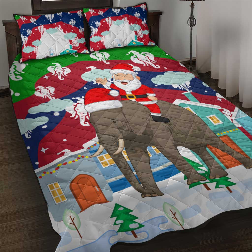 Laos Christmas Quilt Bed Set with Santa Riding Elephant and Festive Flag Pattern - Wonder Print Shop