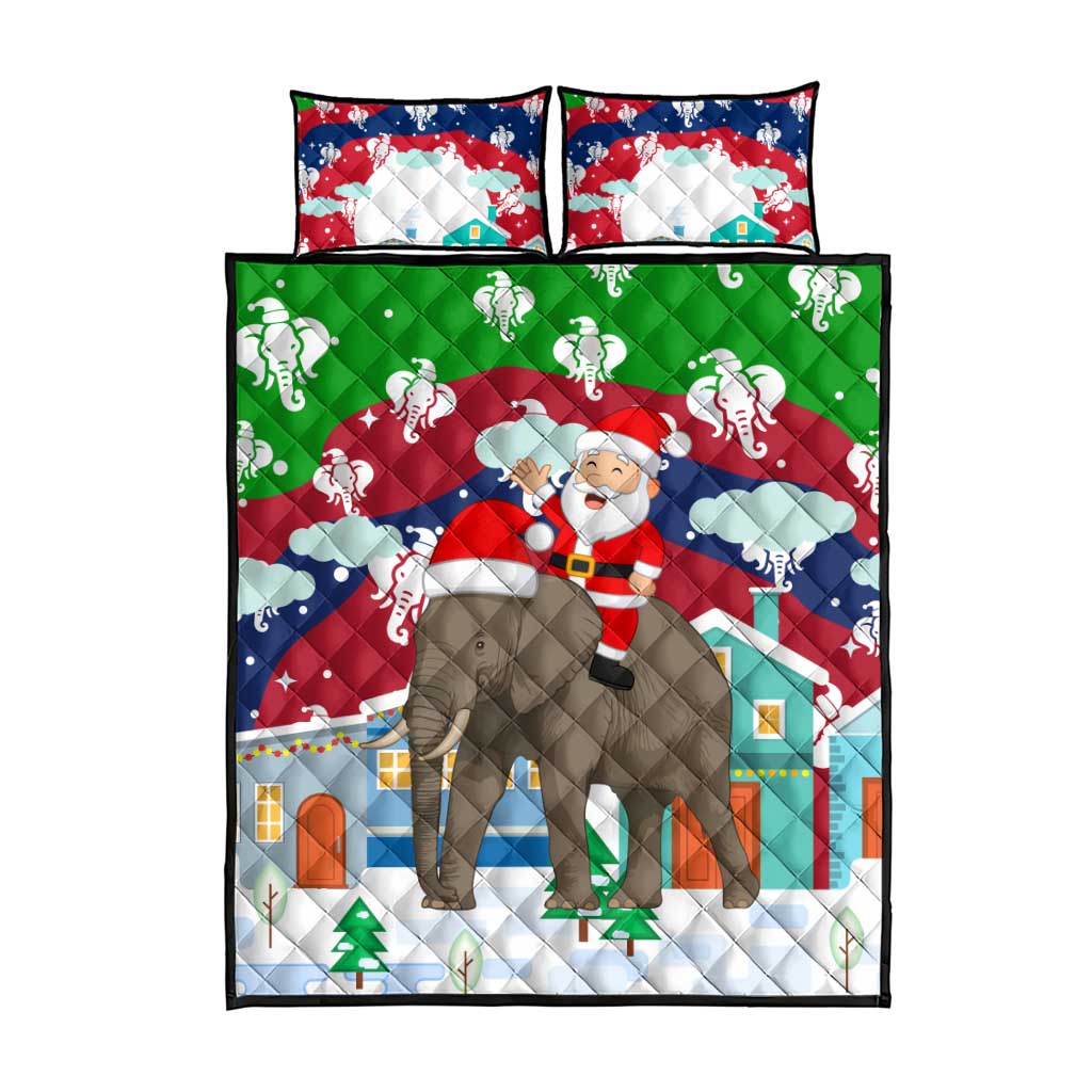Laos Christmas Quilt Bed Set with Santa Riding Elephant and Festive Flag Pattern - Wonder Print Shop