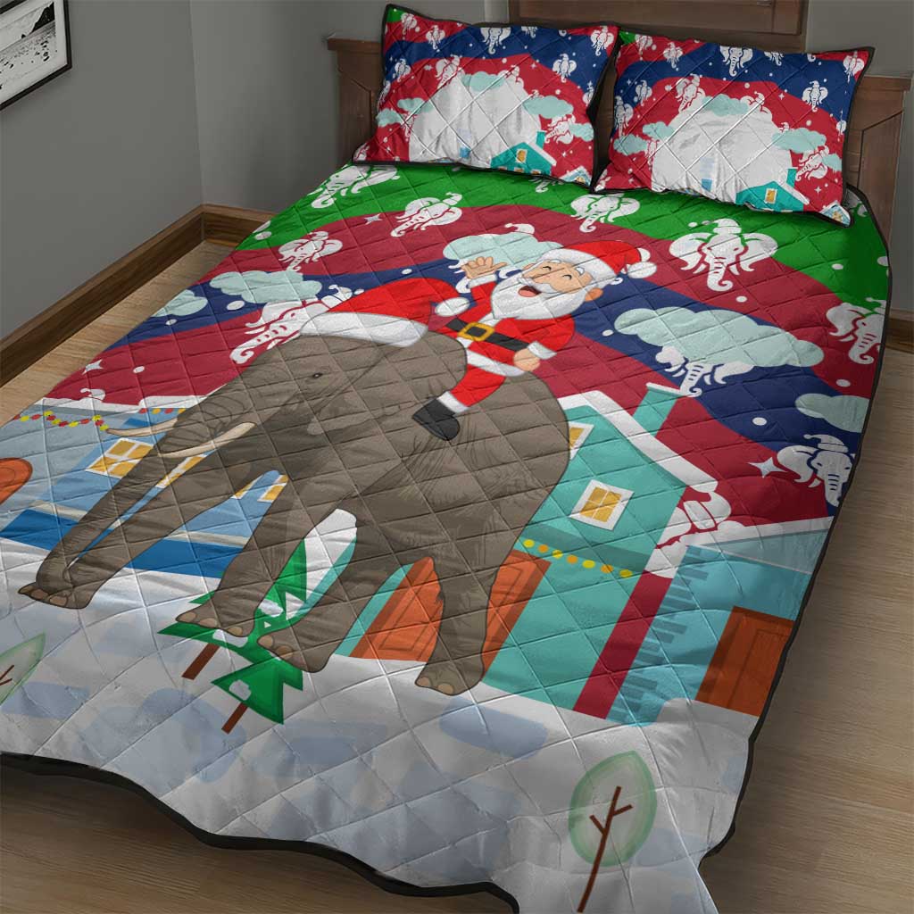Laos Christmas Quilt Bed Set with Santa Riding Elephant and Festive Flag Pattern - Wonder Print Shop