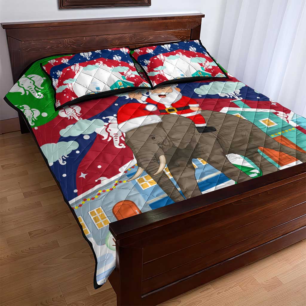 Laos Christmas Quilt Bed Set with Santa Riding Elephant and Festive Flag Pattern - Wonder Print Shop