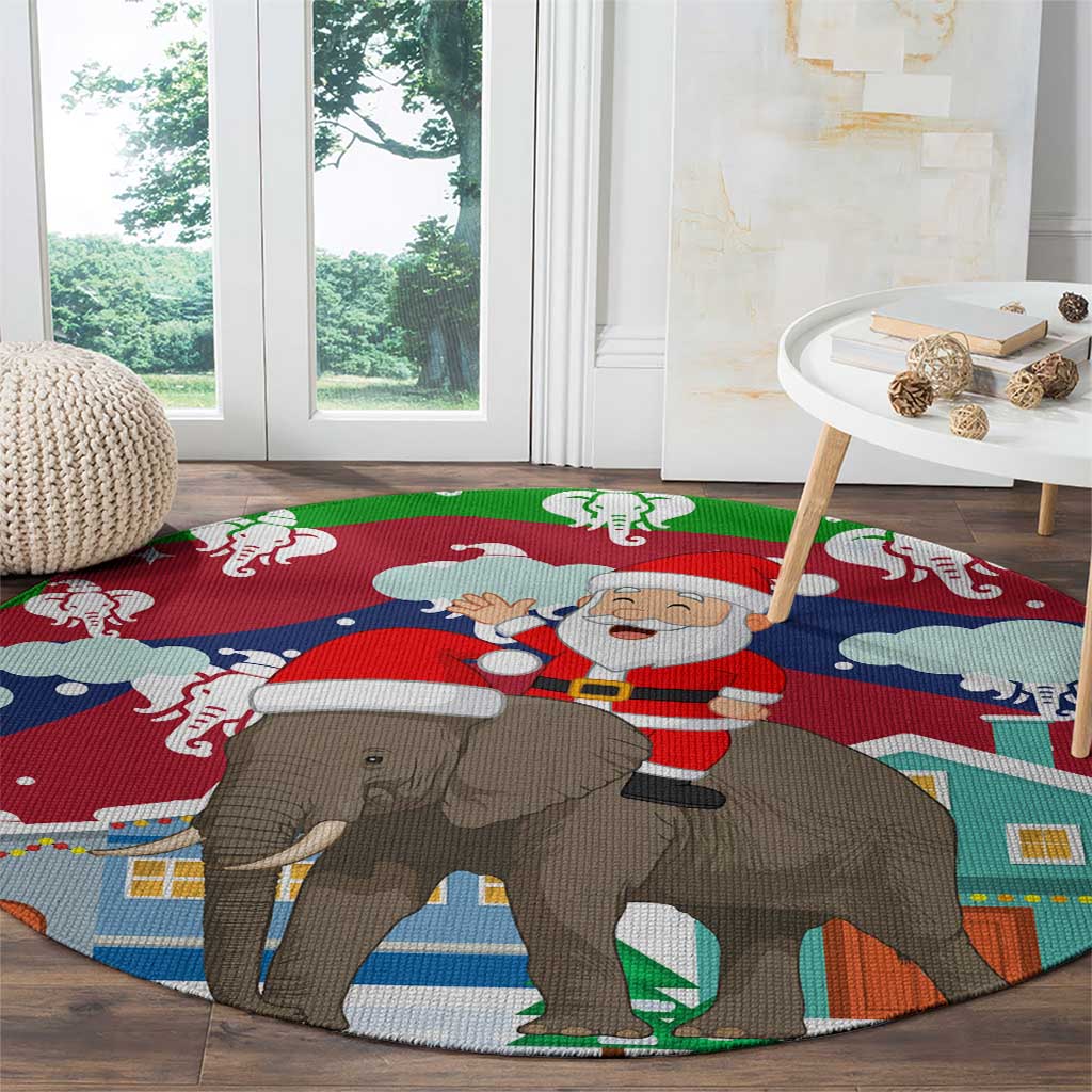 Laos Christmas Round Carpet with Santa Riding Elephant and Festive Flag Pattern - Wonder Print Shop