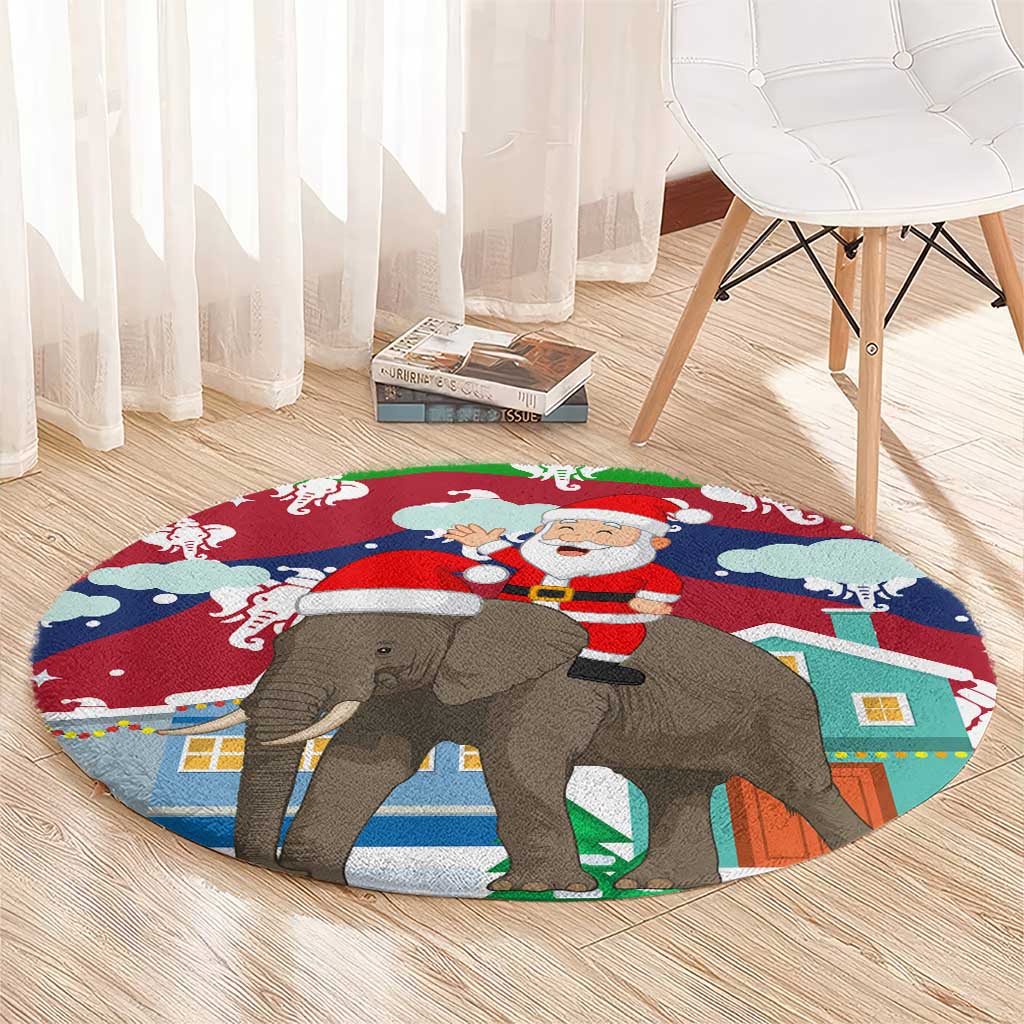 Laos Christmas Round Carpet with Santa Riding Elephant and Festive Flag Pattern - Wonder Print Shop