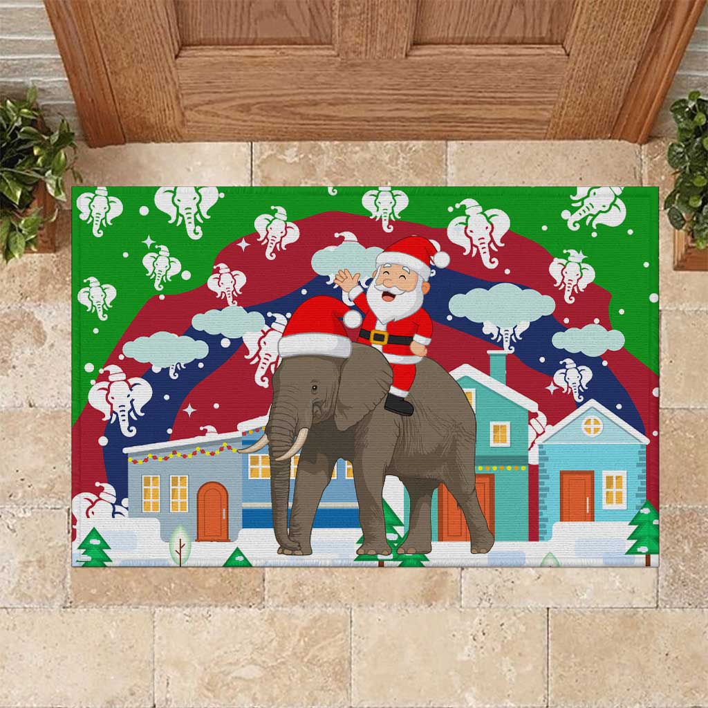 Laos Christmas Rubber Doormat with Santa Riding Elephant and Festive Flag Pattern - Wonder Print Shop