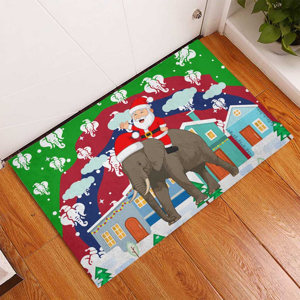 Laos Christmas Rubber Doormat with Santa Riding Elephant and Festive Flag Pattern - Wonder Print Shop