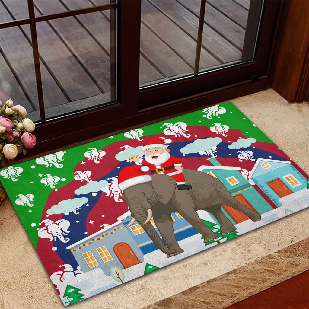 Laos Christmas Rubber Doormat with Santa Riding Elephant and Festive Flag Pattern - Wonder Print Shop