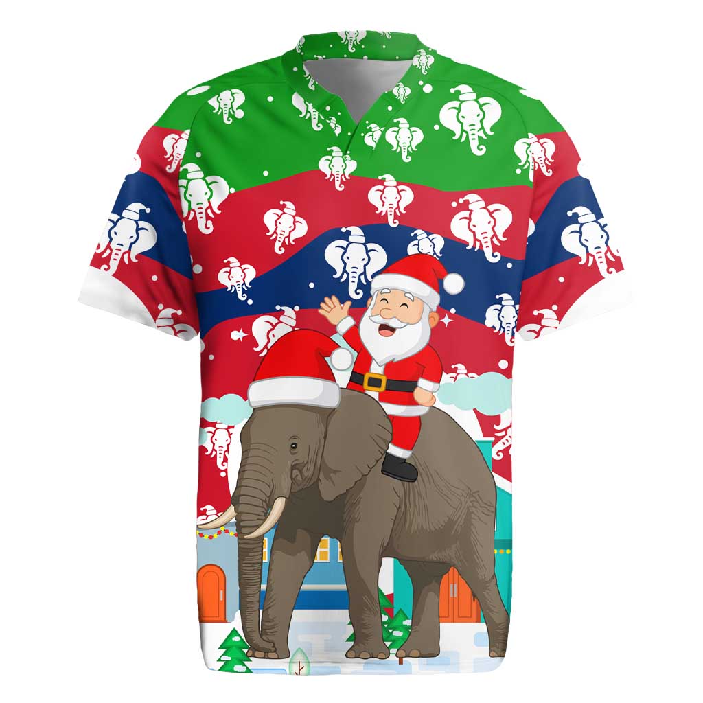 Laos Christmas Rugby Jersey with Santa Riding Elephant and Festive Flag Pattern - Wonder Print Shop