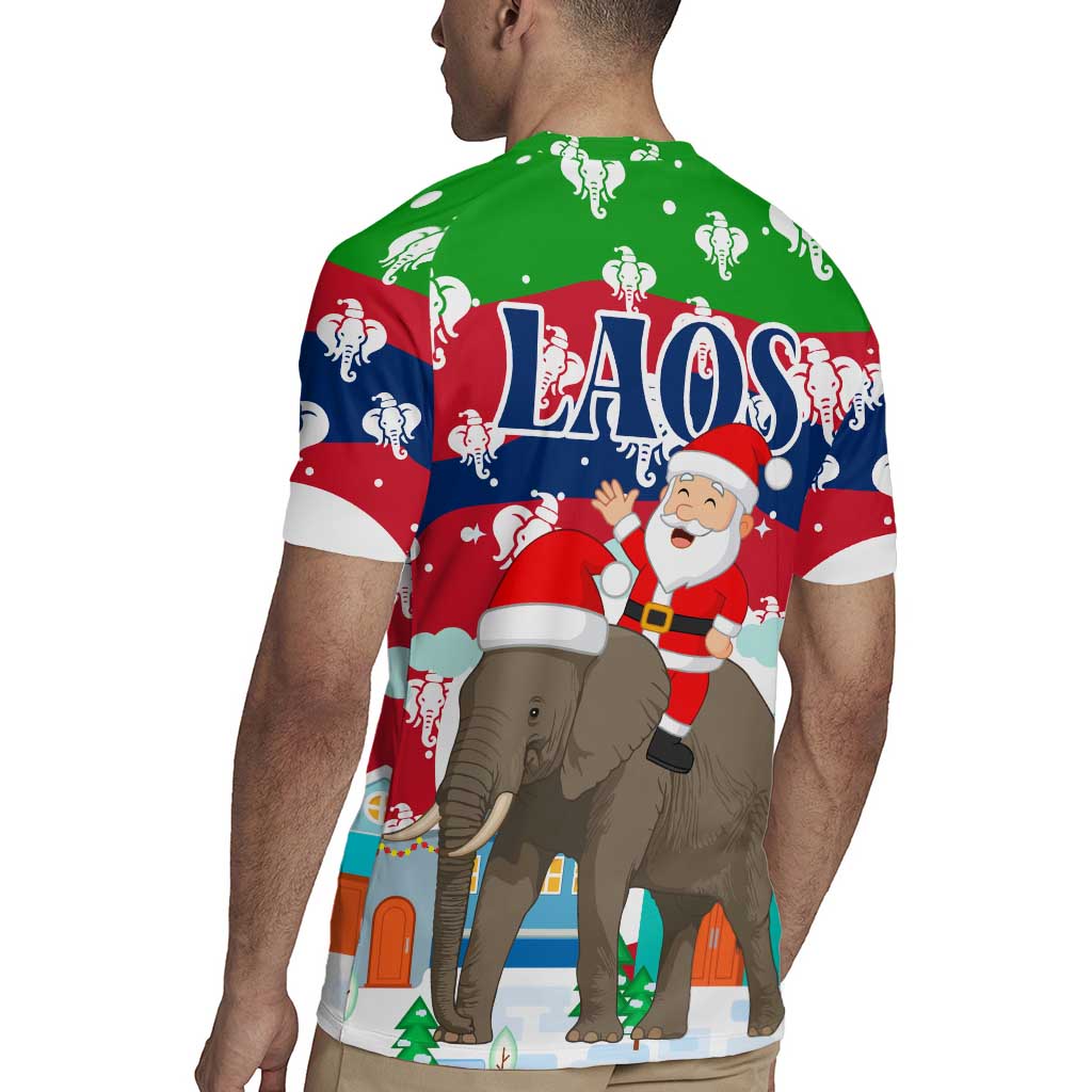 Laos Christmas Rugby Jersey with Santa Riding Elephant and Festive Flag Pattern - Wonder Print Shop