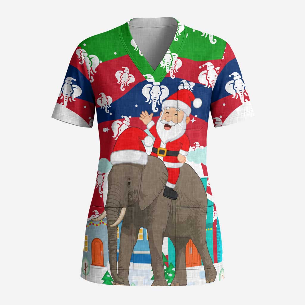 Laos Christmas Scrub Top with Santa Riding Elephant and Festive Flag Pattern - Wonder Print Shop