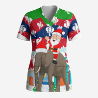 Laos Christmas Scrub Top with Santa Riding Elephant and Festive Flag Pattern - Wonder Print Shop