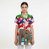 Laos Christmas Scrub Top with Santa Riding Elephant and Festive Flag Pattern - Wonder Print Shop