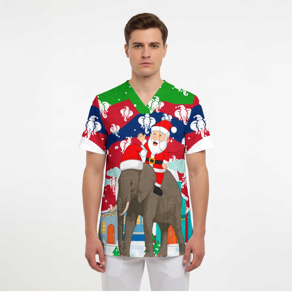Laos Christmas Scrub Top with Santa Riding Elephant and Festive Flag Pattern - Wonder Print Shop